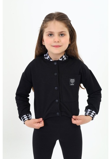 Toontoy Kız Çocuk Kolej Yaka Çıtçıt Kapama Baskılı Renk Bloklu Örme Hırka - 2 İplik Şardonlu Siyah
