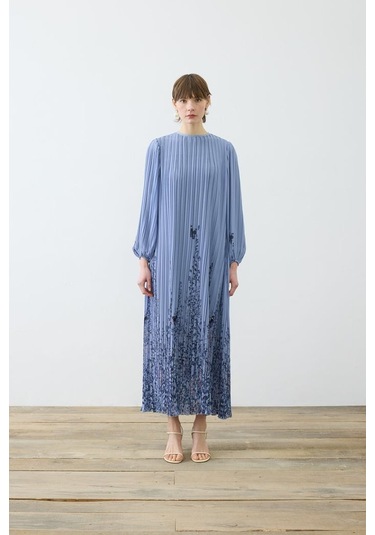 Sümbül Desen Pliseli Şifon Elbise Terzi Dükkani Mavi