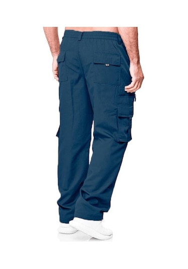 Erkek İlkbahar Ve Sonbahar Düz Paça Düz Renk Kargo Pantolon Günlük Çok Cepli Uzun Pantolon Bol Kesim Açık Hava Fitness Pantolonu Haki