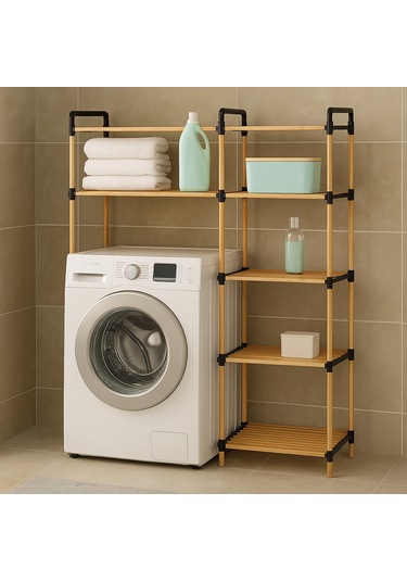 Nc02 Ahşap Çamaşır Makinesi Organizer Banyo Düzenleyici Raf Masif Çam Ahşap Açık Ahşap