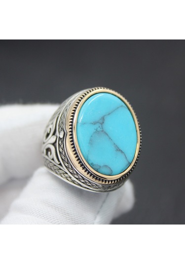 925 Ayar Oval Düz Firuze Taşlı Gümüş Erkek Yüzüğü Gümüş