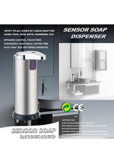Pazly 250ml Paslanmaz Çelik Temassız Sıvı Sabun Dispanseri Ir Sensörlü Otomatik - Mu Gümüş Gümüş