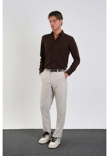 Redline Flex Slim Fit Yumuşak Kolay Ütü Nefes Alan Erkek Gömlek Kahve