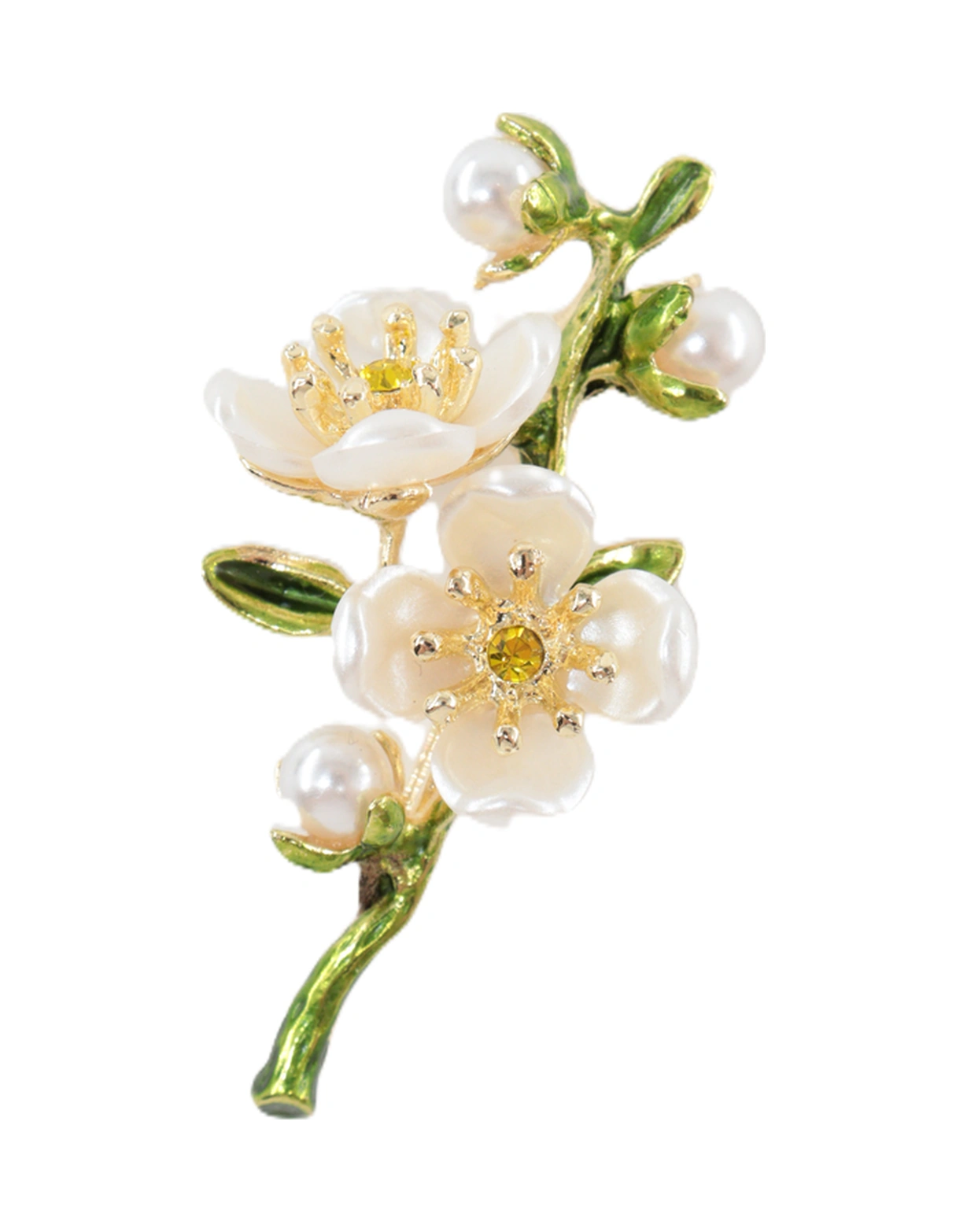 Baharın Uyanışı Erik Çiçeği Broş. Yeşil Dallı İncili Kristal Taşlı Erik Çiçekli Kadın Yaka İğnesi. Beyaz Yeşil