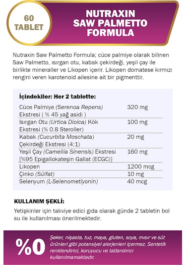 Nutraxin Saw Palmetto Formula 60 Tablet - Cüce Palmiye, Isırgan Otu, Yeşil Çay, Likopen, Çinko, Selenyum