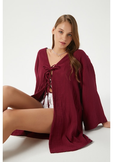 Ritnice Kadın Sandra %100 Pamuk Müslin Bağcıklı Bordo Kimono Bordo
