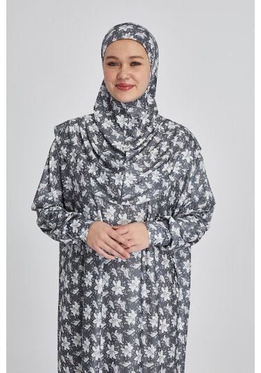 Pratik Tek Parça Manolya Desenli Namaz Elbisesi Füme