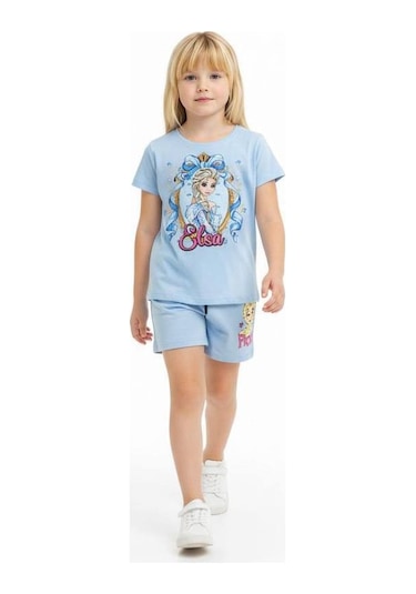 Miniko Kids Kız Çocuk Elsa Modelli Pamul Şortlu Takım Mavi