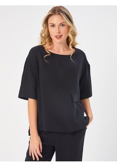 Faik Sönmez Kadın Önü Cep Detaylı Dokuma Bluz U68182 Siyah