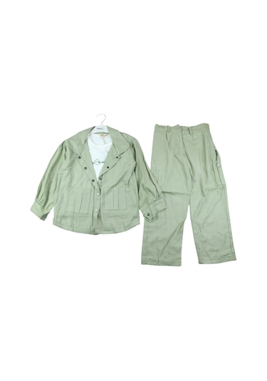 4370- Pampal 6-9 Yaş Kız Keten Takım - Yeşil Yeşil