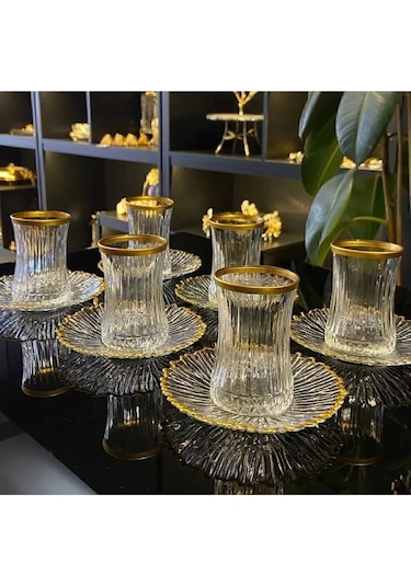 Çeyizci Çarşı 12 Parça Elysia Yaldızlı Çay Takımı Seti Gold