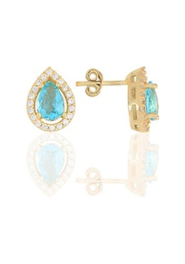 Gümüş Altın Yaldızlı Akuamarin Taşlı Damla Modeli Üçlü Set