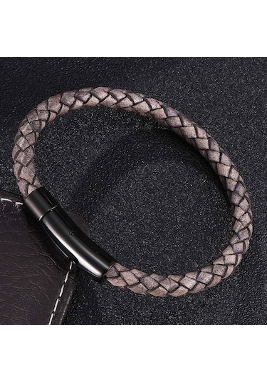 Novahub Erkekler İçin Vintage Hakiki Deri Bileklik Charm Tasarımı Paslanmaz Çelik Toka Örgü İp Zincir Bilezikler Takı Bileklik Siyah Siyah