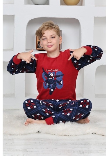 Yeni Sezon Sonbahar/kış Erkek Çocuk Skate 8 Desenli Polar Pijama Takımı 4536-kırmızı Kırmızı