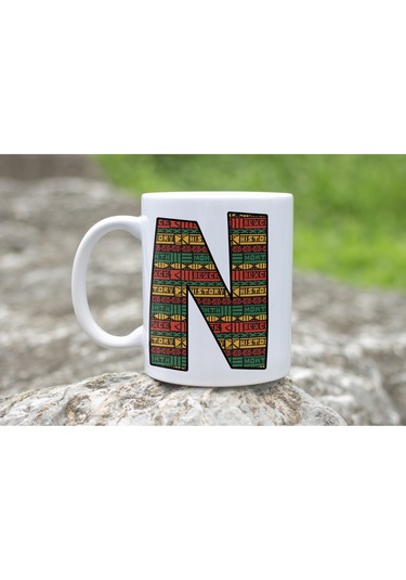 N Harfi Etnik Desenli Kupa - Afrika Tarzı Kahve Çay Kupası - Hediyelik - Black History Beyaz