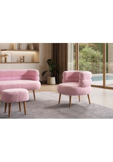 Barel Özel Tasarım Çay Seti Koltuk Takımı,berjer Ve Puf Ofis Balkon Cafe Bahçe Salon Mobilyası 4 Lü Takım Pembe Pembe