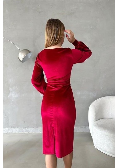 Nnstartshopping Kadın Kadife Kumaş Kruvaze Yaka Balon Kol Ve Yırtmaç Detaylı Midi Boy Elbise Kırmızı