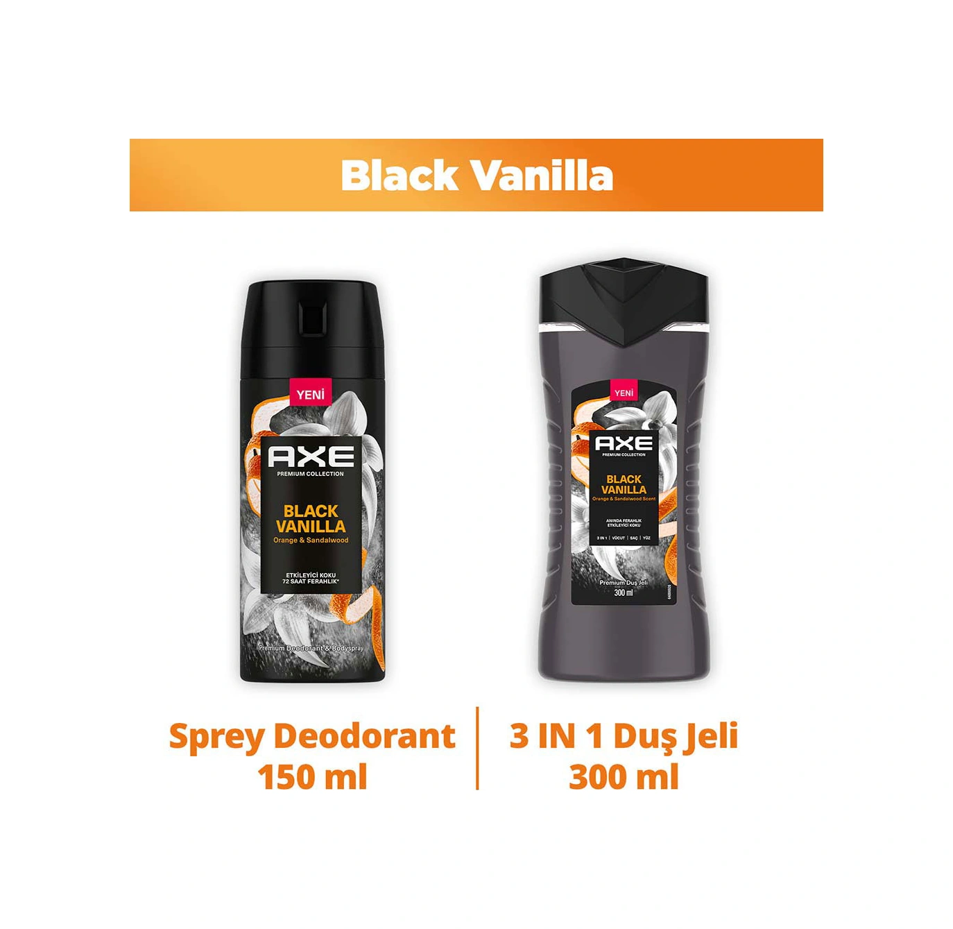 Axe Duş Jeli Black Vanilla 3in1 Vücut Saç Yüz 300 Ml + Erkek Sprey Deodorant Black Vanilla 150 Ml
