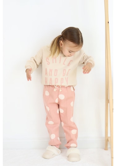 Kız Çocuk Smile And Happy Baskılı Kalın Eşofman Takımı Ekru