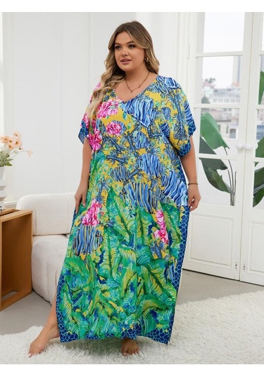 Edolynsa Şık Yeşil Baskılı Kadın Bohem Sabahlık Kaftan Ev Elbisesi Gevşek Tatil Partisi Uzun Elbise Mayo Üst Kıyafet Q1594 Çok Renkli