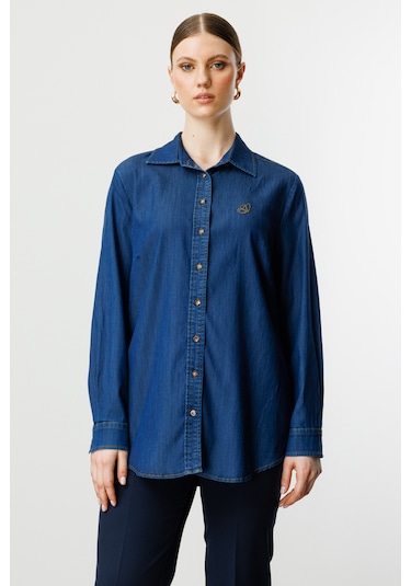Ekol Kadın Büyük Beden Kelebek İşlemeli Gömlek 3502 Indigo İndigo