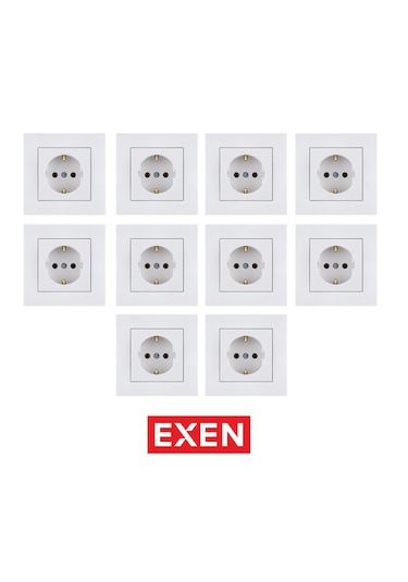 Exen Beyaz Topraklı Priz Mekanizma+çerçeve 10 Adet Priz