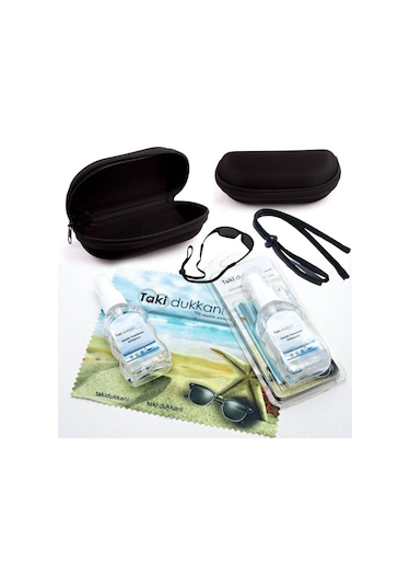 Fermuarlı Güneş Gözlük Kutusu Kılıfı Temizleme Seti Gözlük İpi Siyah