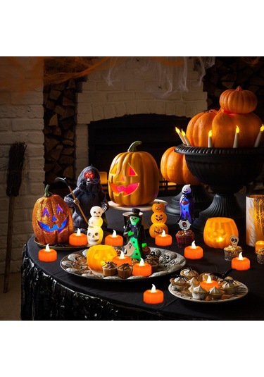 Cadılar Bayramı Balkabağı Tealight Süslemeleri Sonbahar Dekorasyonu, 24'lü Paket Led Turuncu Balkabağı Mumları Alevsiz Pil İle Çalışır Çok Renkli