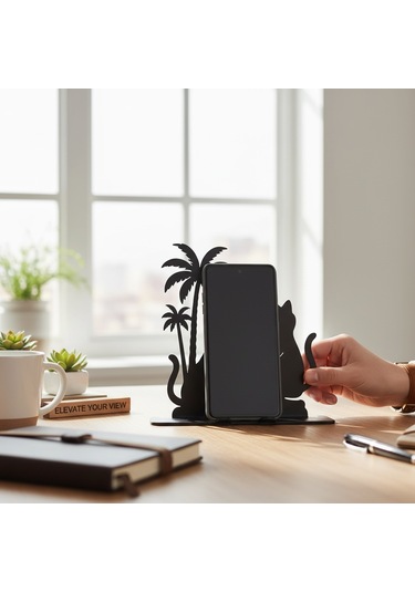 Palmiye Ve Kedi Figürlü Metal Dekor Masaüstü Silüet Obje