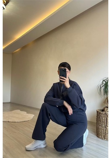 Neşeli Butik Kadın Fermuarlı Oversize Sweat Ve Yüksek Bel Eşofman Takımı Nm018 Antrasit