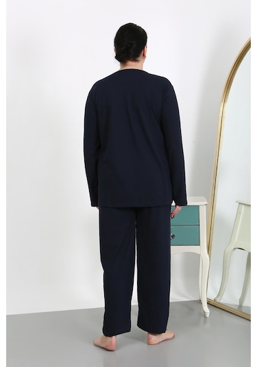 Akbeniz Kadın Büyük Beden Uzun Kol Penye Pijama Takımı Lacivert 202501 Lacivert