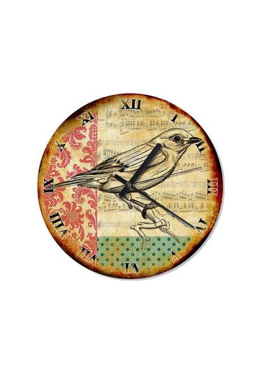 Eskitilmiş Zeminde Müzik Notaları Serçe Duvar Saati Eskitme
