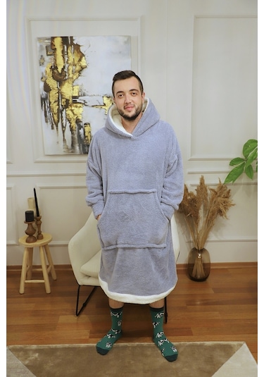 Rokeff Wellsoft Tek Kişilik Giyilebilir Battaniye Gri Beyaz Bantlı L/xl