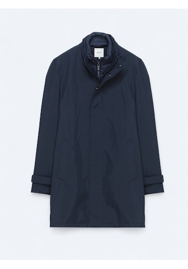 Lacivert Oversize Fit Kruvaze Yaka Casual Dokuma Pardesü Lacivert