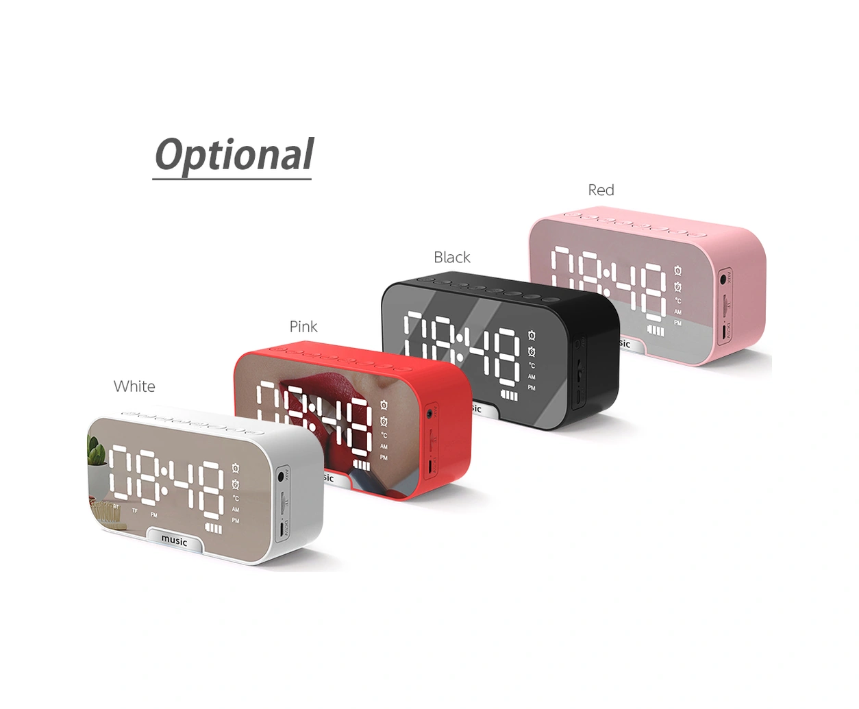 Dofolink Q5 Müzik Çalar Fm Radyo Bluetooth Hoparlör, Saat Ve Telefon Tutucu İle Sıcaklık Göstergeli 5'li İşlevli Led Alarm Saati, Dışarıda Kullanıma Uygun, Pembe Batarya Dahil