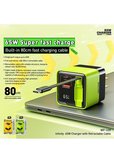 Wk Wp-u39 65w Usb-c / Tip-c, 80cm Tip-c Kablosu İle Usb Gan Hızlı Şarj Cihazı, Fiş Tipi: Abd Fiş Yeşil Yeşil
