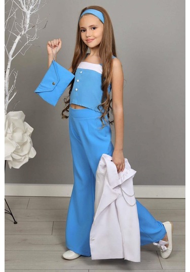Riccotarz Kız Çocuk Zincir Ve Omuzu Fırfırlı Blazer Ceket Ve İspanyol Paça Mavi Pantolon Alt Üst Takım 001
