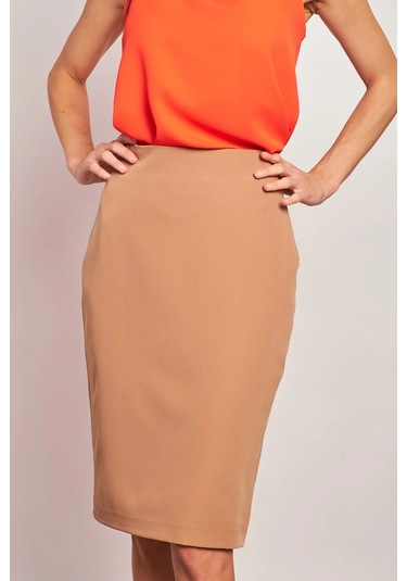 Astarlı Yüksek Bel Diz Altı Hafif Likralı Yırtmaçlı Kumaş Ofis Kalem Etek-camel CAMEL