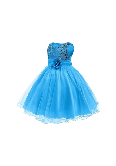 Kız Çocuk Pullu Payetli Abiye Elbise-Turkuaz