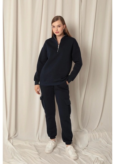 Üç İplik Dik Yaka Yarım Fermuarlı Kadın Lacivert Sweat Çok Renkli