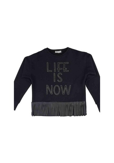 Kız Çocuk Püskül Deri Detaylı Sweatshirt-13504 Siyah