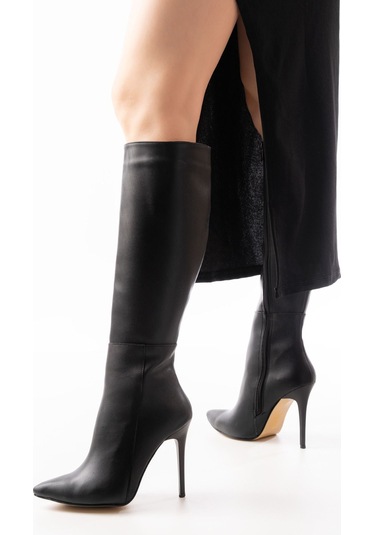 Ls-226 Siyah Fermuarlı Lastikli İnce Yüksek Topuklu Kadın Çizme Beyaz