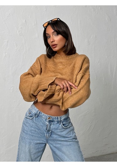 Kadın Yumuşak Dokulu Bisiklet Yaka Oversize Basic Triko Kazak Camel