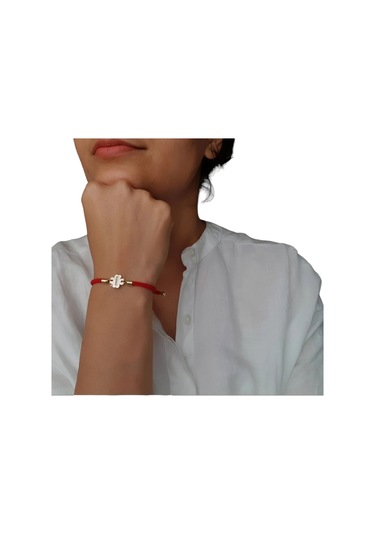 14 Ayar Altın Plakalı Çiçek Figürlü Örgü İpli Piyano Sembollü Hediye Bileklik-324sembol-kırmızı Altın