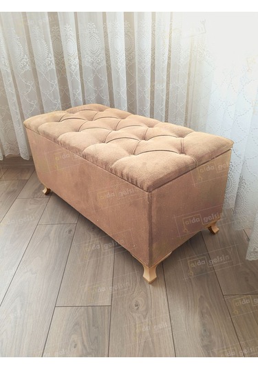 Lüks Sandıklı Kapitoneli Ayakucu Puf Bench 100 Cm Gold Ayak Vizon