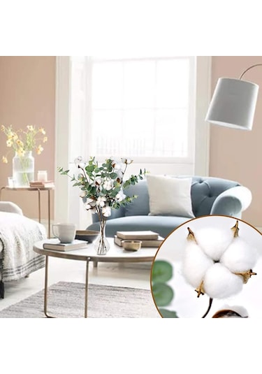 4 Adet Okaliptuslu Doğal Pamuk Çiçeği Dalı 5Li Kuru Çiçek Yapay Ç