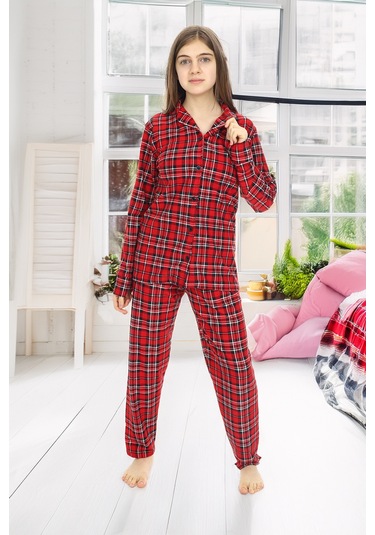 Kız Çocuk Ekose Pijama Takımı 12164 Bordo