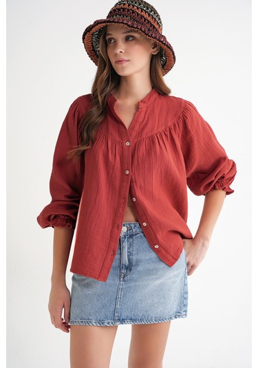 4733 Kadın Büzgü Robalı Uzun Kol Müslin Gömlek Kızılcık Kızılcık 4733 Kadın Büzgü Robalı Uzun Kol Müslin Gömlek Kızılcık Kızılcık