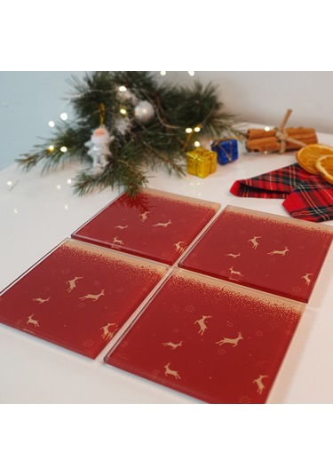 Decorita Cam Bardak Altlığı YeniYıl Kırmızı 5'li Geyik 4'lü Takım Kırmızı