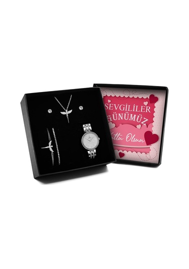 Sevgililer Gününe Özel Tasarım Kutulu Melek Kolye & Melek Bileklik & Zirkon Taşlı Bileklik & Küpe & Saat Seti Çok Renkli